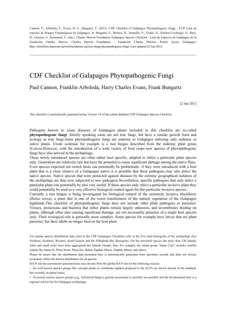 CDF Checklist of Galapagos Phytopathogenic Fungi