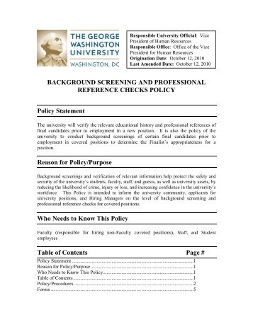Background Screening and Professional Reference Checks Policy
