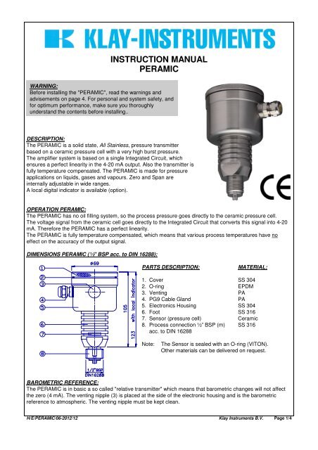 INSTRUCTION MANUAL PERAMIC - Klay Instruments