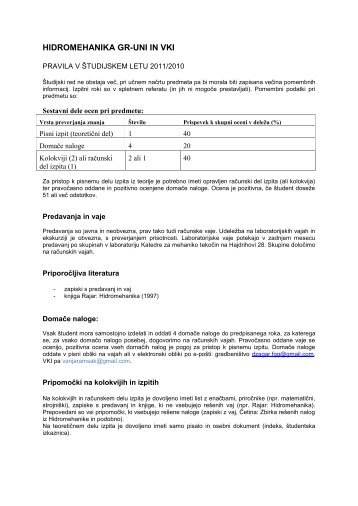HIDROMEHANIKA GR-UNI IN VKI - Student Info