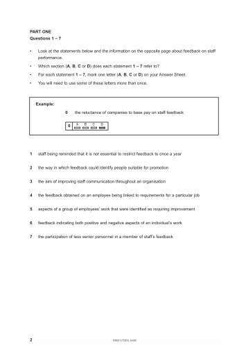 PART ONE Questions 1 â 7 â¢ Look at the statements ... - Student Info