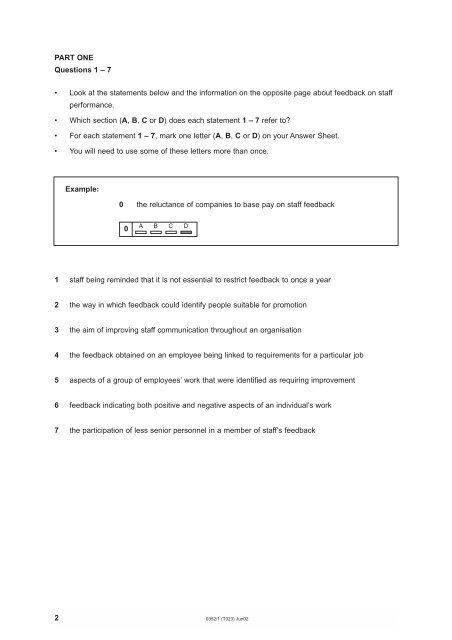 PART ONE Questions 1 â 7 â¢ Look at the statements ... - Student Info