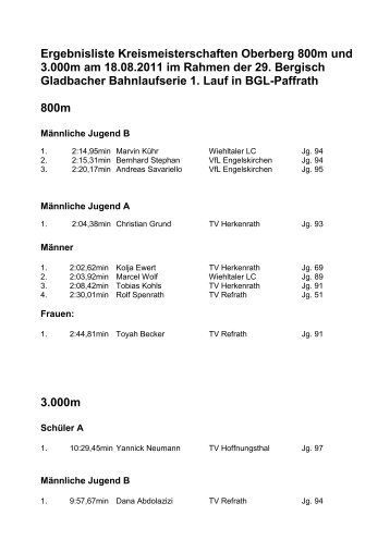 Ergebnisliste Kreismeisterschaften Oberberg 800m ... - LVN Oberberg