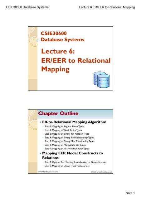 Lecture 6: ER/EER to Relational Mapping