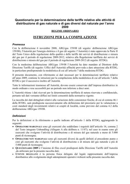 Istruzioni per la compilazione - AutoritÃ  per l'energia elettrica e il gas