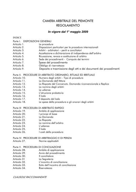 CAMERA ARBITRALE DEL PIEMONTE REGOLAMENTO