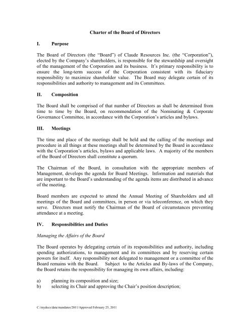 Board of Directors Charter - Claude Resources