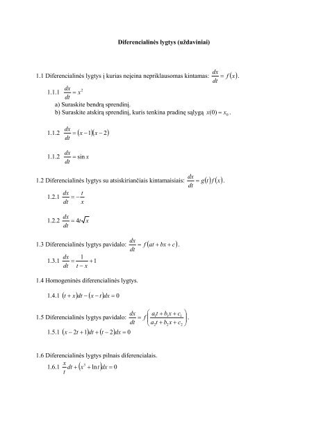 Diferencialinės lygtys (uždaviniai) 1.1 Diferencialinės lygtys į kurias ...