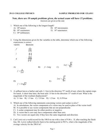 Note, there are 10 sample problems given, the actual exam will have ...