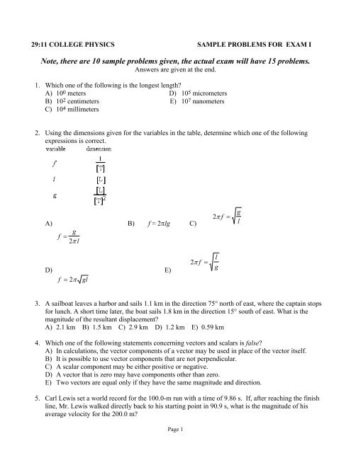 Note, there are 10 sample problems given, the actual exam will have ...