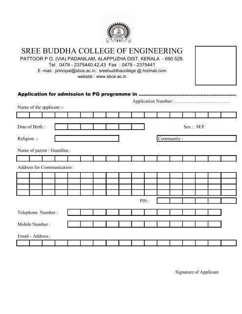 Application form for M.Tech admission through Management quota