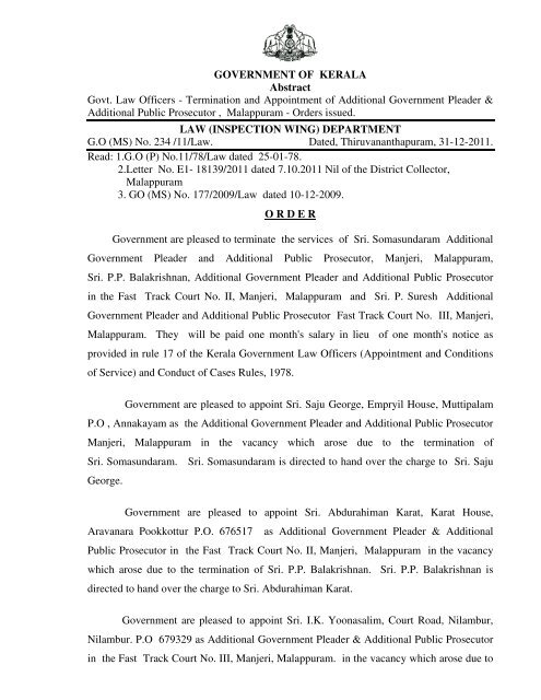 GOVERNMENT OF KERALA Abstract Govt. Law Officers ...