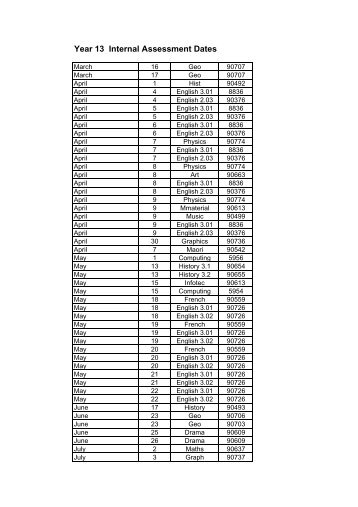 Year 13 Internal Assessment Dates