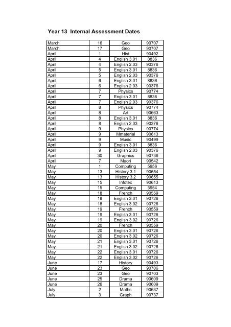 Year 13 Internal Assessment Dates