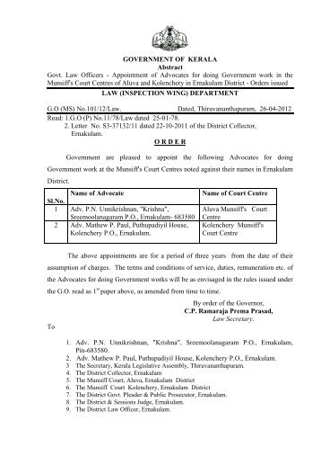 GOVERNMENT OF KERALA Abstract Govt. Law Officers ...