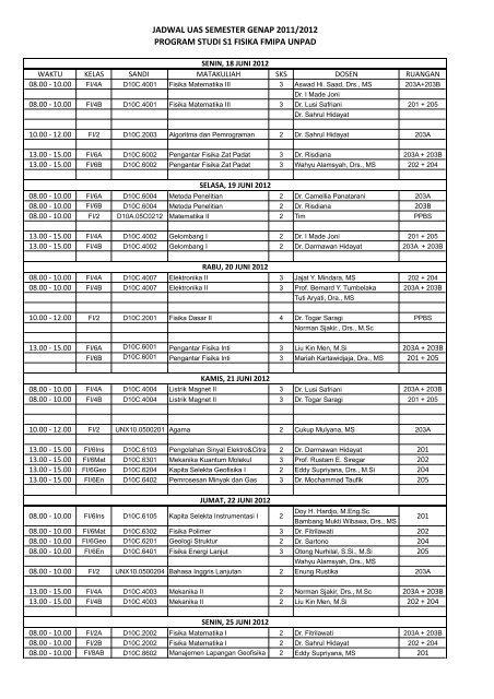 Jadwal UAS Genap 2011/2012 Prodi Fisika
