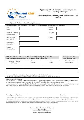 Saħħa ta' l-Unjoni Ewropeja Application form for the European Health