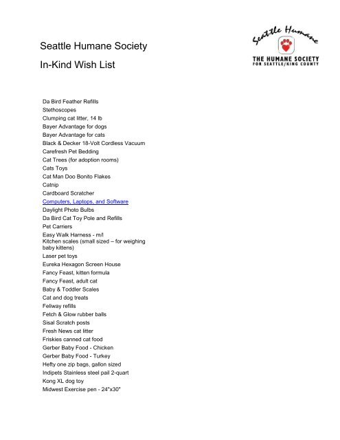 Seattle Humane Society In-Kind Wish List