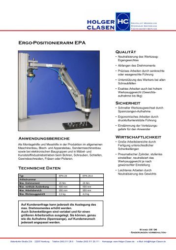 Technische Daten Ergo-Positionierarm EPA - HOLGER CLASEN