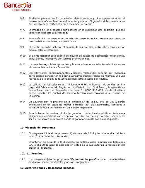 CONDICIONES Y RESTRICCIONES DEL PROGRAMA ... - BancamÃ­a
