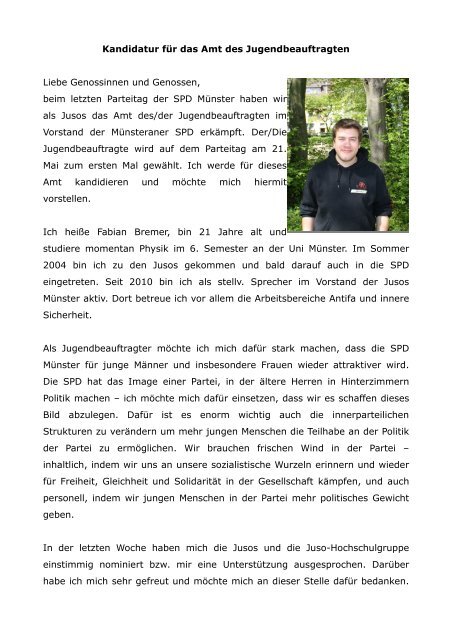 Kandidatenbrief von Fabian Bremer - Jusos Münster