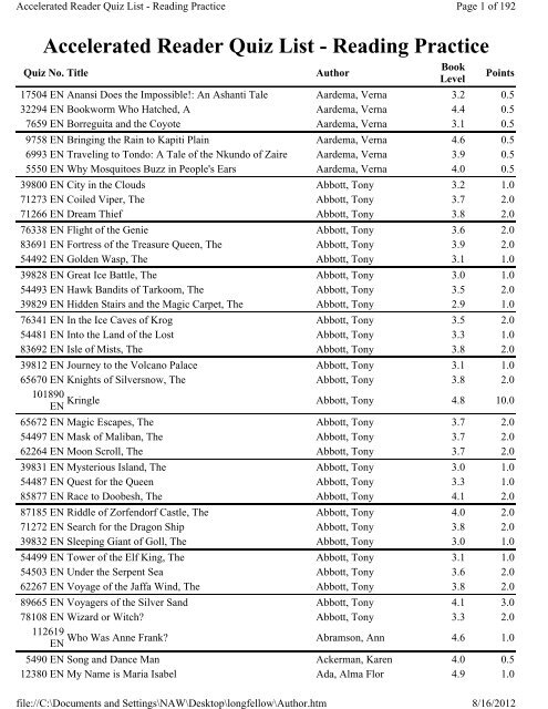 Accelerated Reader Quiz List - Reading Practice - Longfellow ...