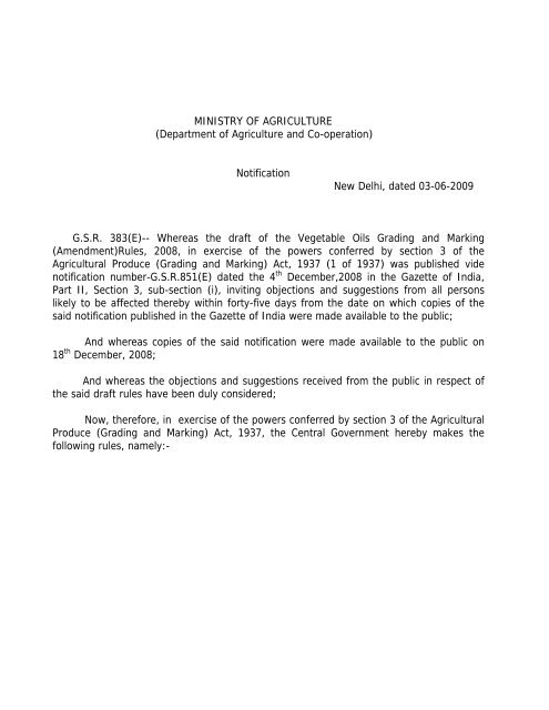 Notification of Vegetable Oils Grading and Marking ... - Agmarknet