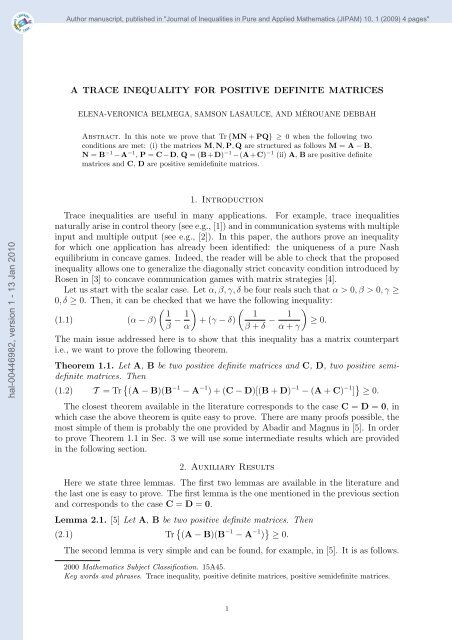 A TRACE INEQUALITY FOR POSITIVE DEFINITE MATRICES