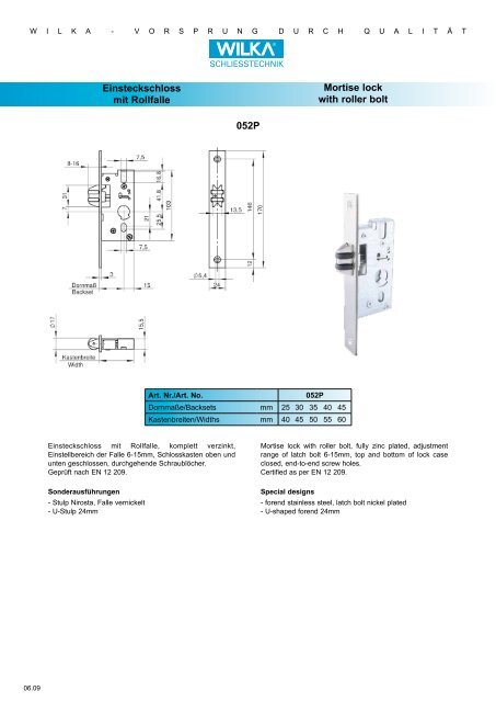 Mortise lock with roller bolt Einsteckschloss mit Rollfalle 052P - Market