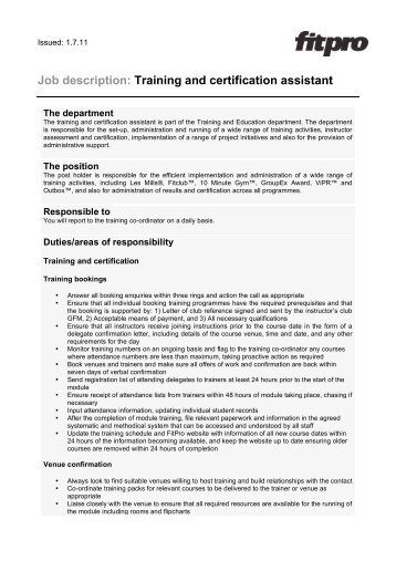 View training and certification assistant job description - Fitness ...