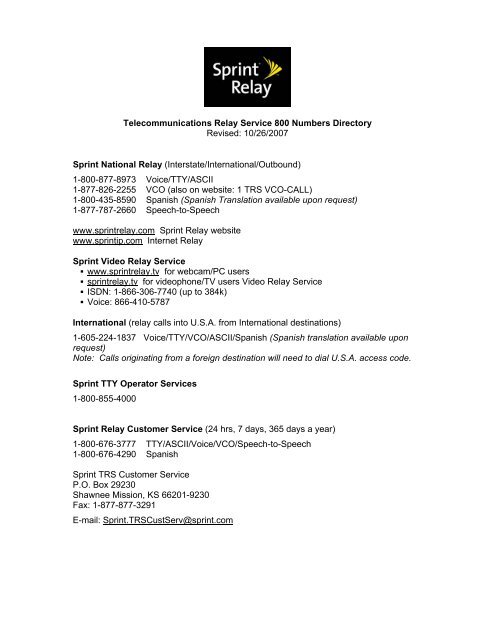 Telecommunications Relay Service 800 Numbers Directory Revised ...