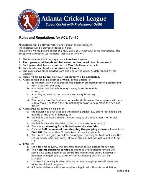 Rules And Regulations For Acl Ten10 Atlanta Cricket League