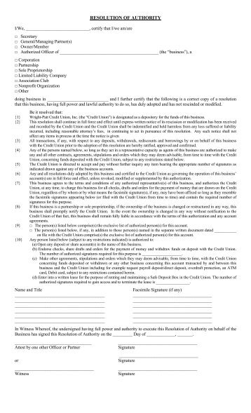 RESOLUTION OF AUTHORITY - Wright-Patt Credit Union