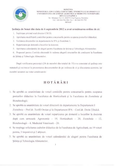 HotÄrÃ¢rea din 06.09.2012 - USAMV Cluj-Napoca