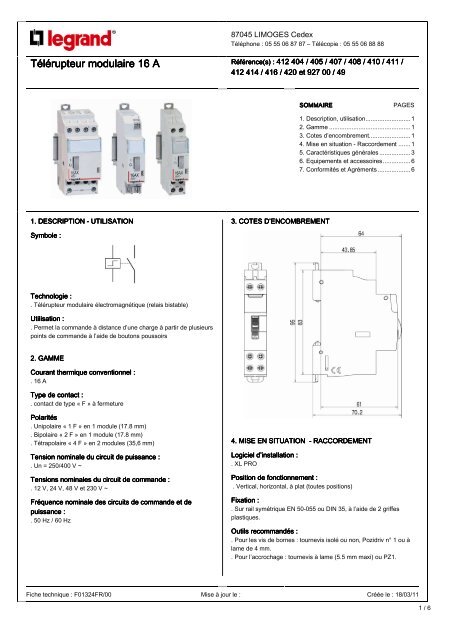 fiche technique telerupteur 412410 legrand