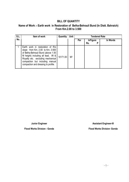 BILL OF QUANTITY Name of Work - Irrigation Department,Uttar ...