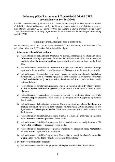 Podmínky přijetí ke studiu na PřF_2010-11 - Přírodovědecká fakulta ...