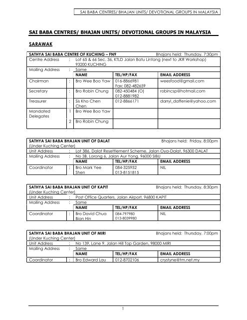 Sai Baba Centres Bhajan Units Devotional Groups In Malaysia Sarawak