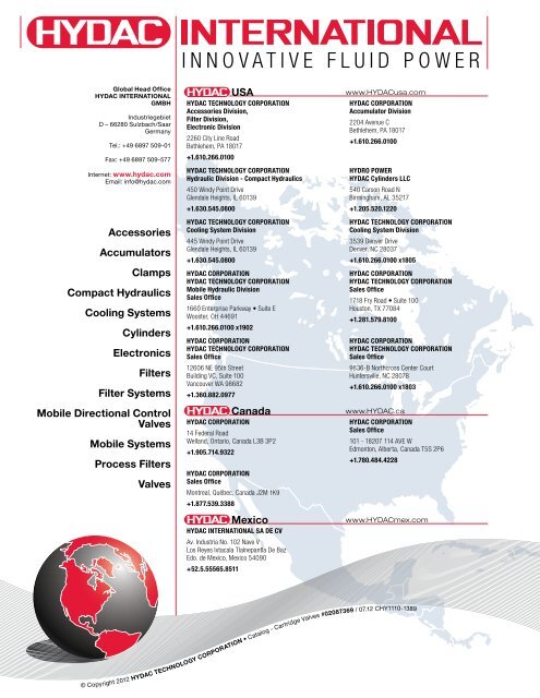 Cartridge Valves & Manifolds - HYDAC USA