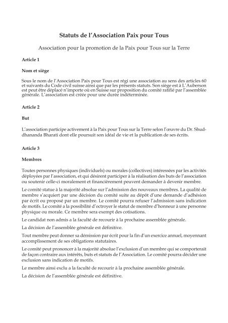 Statut de l'Association - Christian Piaget