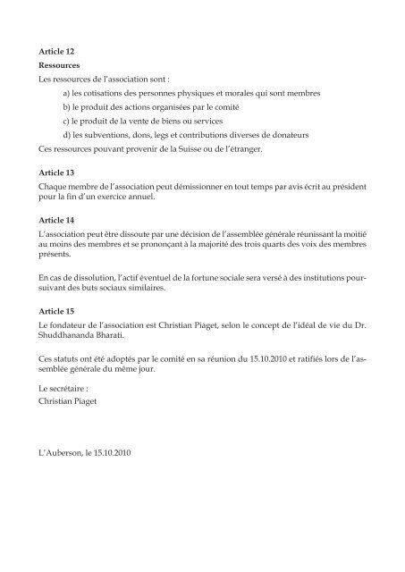 Statut de l'Association - Christian Piaget