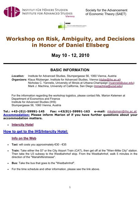 Workshop on Risk, Ambiguity, and Decisions in Honor of Daniel - IHS
