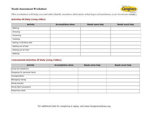 Needs Assessment Worksheet - National Caregivers Library