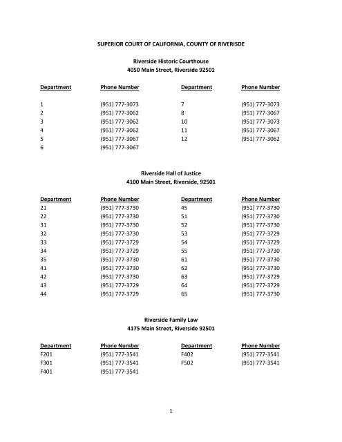 Courtroom Phone Numbers - Superior Court, Riverside