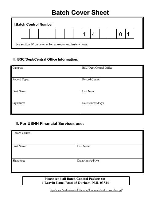 Batch Cover Sheet - USNH Financial Services