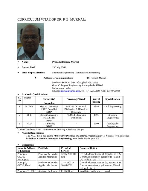 Bio-Data - Government College Of Engineering Aurangabad