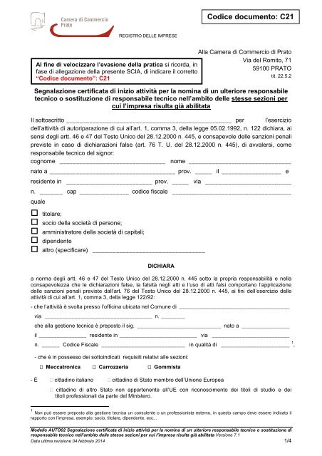 Segnalazione certificata di inizio attivitÃ  scia per ... - CCIAA di Prato