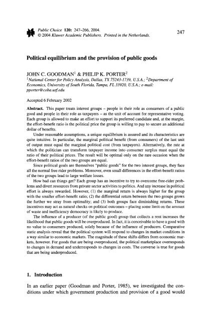 Political Equilibrium and the Provision of Public Goods