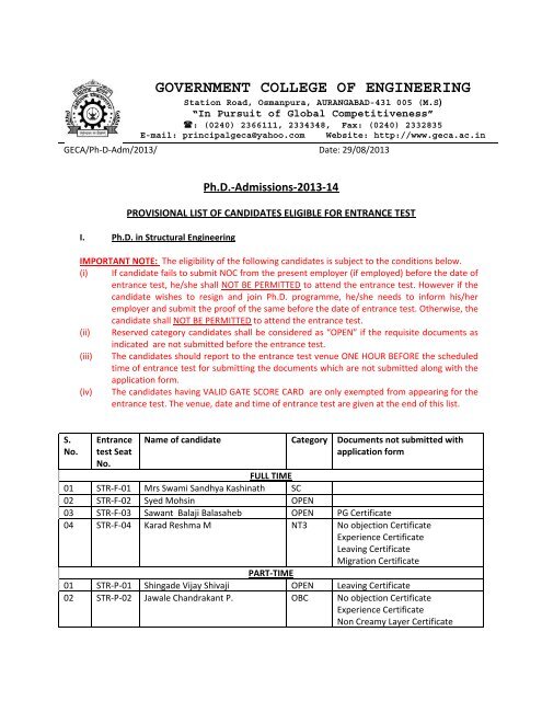 Provisional Eligibility List for Ph.D. Entrance Test - Government ...