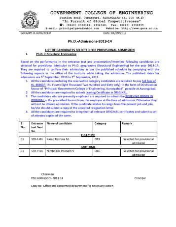 Ph.D. provisional admission selection list - Government College Of ...